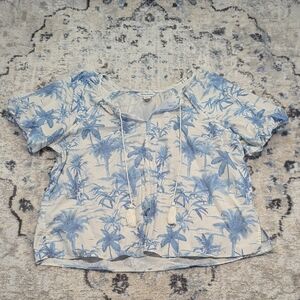 Tommy Bahama XL Blue Palm Print Cotton Peasant Top Tassel Tie Blouse